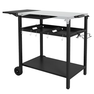 Carrello da Cucina Portatile Moderno per Esterni, Piano in Acciaio Inossidabile Nero, Doppio Ripiano, Realizzato in Legno MDF per Avventure Culinarie e Isola BBQ - Product Image 1