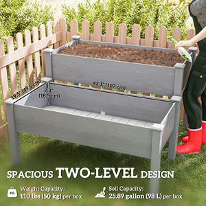 Jardinière surélevée en bois gris à 2 niveaux avec pieds, pour fleurs, légumes et herbes, pour l'extérieur - Product Image 4