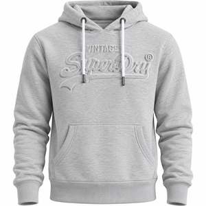 Custom Embossed Design <b>Men</b> Vintage Embossed Logo Hoodie 100% Cotton French Terry Pullover <b>Sweatshirt</b> Light Grey Pullover Hoodie - Product Image 1