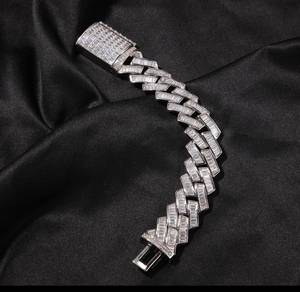 <b>Mens</b> Baguette Cut Moissanite Cuban Link Silver Bracelet Iced Out Diamond Round Brilliant Cut VS1 Hip Hop - Product Image 3