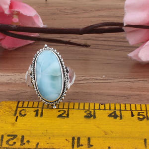 Anillo de Plata de Ley 925 con Larimar Azul Natural en Engaste Biselado, Diseño de Olas Marinas, Gema para Mujer, Clásico, Piedra Azul Caribeña, para Boda - Product Image 5