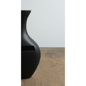 Modern Matte <b>Black</b> Metal <b>Flower</b> <b>Vase</b> Featuring A Slender Flared Neck Bulbous Body And Horizontal Cutout Accent For Decoration - Product Image 6