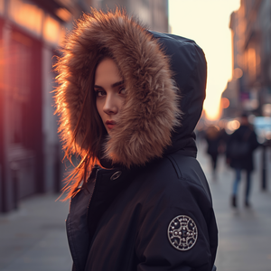 Women’s Fur <b>Hood</b> Outerwear <b>Coat</b> Warm Winter Jacket <b>with</b> Decorative Circular Clip Design - Product Image 2