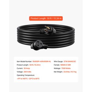 Cavo di Prolunga per Generatore da 30 Ampere, 50 Piedi, 250 Volt, 7500 Watt, NEMA 6-50P 6-50R SWT 8AWG, Cavo di Alimentazione Flessibile - Product Image 5