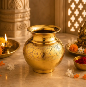 Vase kalash Lota en laiton gravé, argenté et brillant, pour rituels sacrés, disponible à prix de gros. - Product Image 6