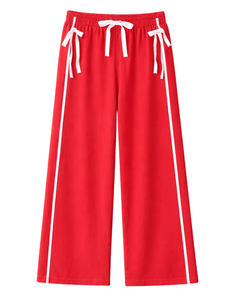 Custom Women Wide Leg Sweatpants Red Side Stripe High Waist Loose Fit Casual Track Pants <b>Elastic</b> Drawstring Lounge Wear OEM - Product Image 1