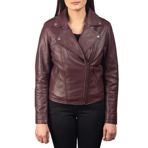 Chaqueta de Motocicleta para Mujer, Color Borgoña, Cuero Genuino, Impermeable, con Detalles de Botones, Corte Entallado, Cierre Cruzado, Estilo de Diseñador, Producción OEM al por Mayor - Product Image 4