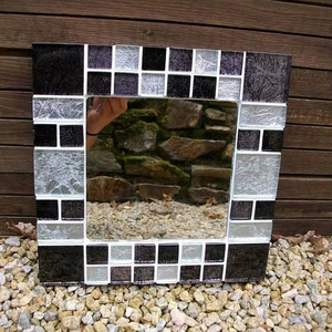 Mosaic Mirror Square Wall <b>Mounted</b> <b>Frame</b> Bathroom Living Room Hanging Decor Handmade Black Silver Tiled Surface Home Accessory - Product Image 1