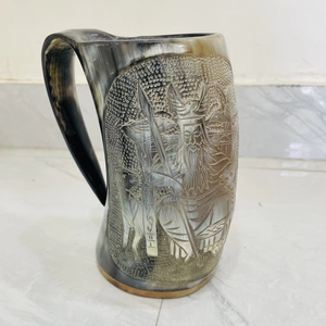 ODIN LOGO REAL POLISHED BUFFALO HORN MUG HAND CARVED <b>TABLE</b> DECOR TANKARD HIGH QUALITY VIKING VIKINGS RAGNAR - Product Image 1