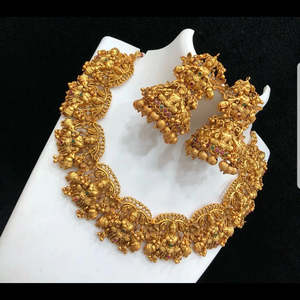24K Gold Plated Temple Style Choker Set with Zircon Earrings for Bridal and Daily Wear - Product Image 3