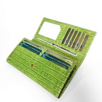 Dompet Panjang Wanita Castello dengan Motif Kulit Sapi Embos Cetak Croco, Penutup Hasp, Kantong Ber-resleting, Lapisan Poliester, Hijau Cokelat