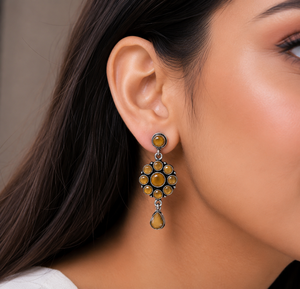 Boucles d'oreilles pendantes en laiton oxydé, argent, onyx jaune et rouge, pour femme, idéales pour les soirées |   Artisanat indien bohème en gros - Product Image 2