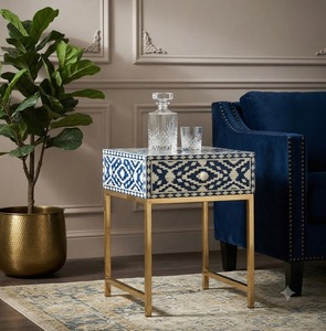 Handicraft Eco-friendly Modern Blue <b>White</b> Mosaic Bone Gold Frame Rectangle Shape Decorative End <b>Table</b> Living Room - Product Image 1