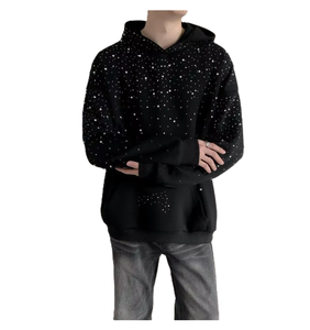 Sweat-shirt à capuche court noir pour homme avec imprimé à pois en strass, coupe ample, style décontracté, style automne - Product Image 2