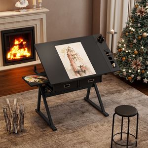 Tavolo da Disegno e Progettazione Regolabile Nero con 2 Cassetti per Casa, Ufficio e Scuola, Include Sgabello - Product Image 2