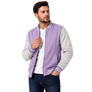 Veste universitaire unisexe violette avec manches grises, col montant, fermeture à bouton unique, vêtement d'extérieur décontracté en polaire, respirant, pour l'hiver - Product Image 4