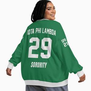 Cardigan tricoté personnalisé pour femmes Iota Phi Lambda, vert émeraude uni, avec lettres, blason, numéro et année, boutonné sur le devant - Product Image 2