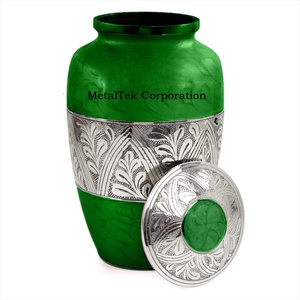 Grandes urnes funéraires vertes pour cendres, avec bande florale gravée, pour adultes (hommes, femmes) et enfants, décoratives, pour cérémonie funéraire, commémorative, en métal - Product Image 2