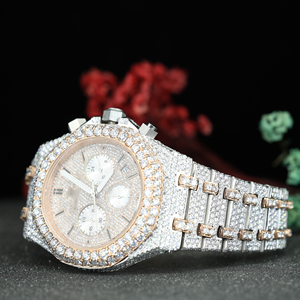 Montre chronographe bicolore sertie de diamants Moissanite, en acier inoxydable plaqué or rose, montre de luxe Hip Hop, vente en gros - Product Image 6