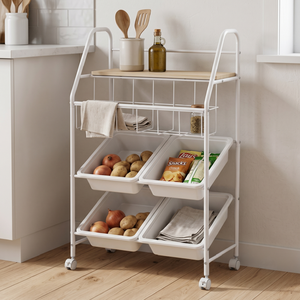 4 Tier <b>Rolling</b> Storage Cart with 4 White Bins Metal Frame Multilayer Organizer for Food and Kitchen Use - Product Image 1