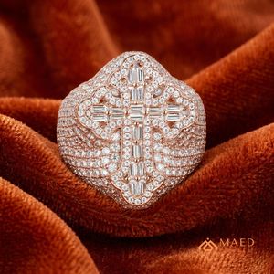 Rose Gold Plated Moissanite <b>Cross</b> <b>Ring</b> Iced Out Baguette Statement Band Hip Hop Jewelry Gift Men Miami Chicago USA - Product Image 5