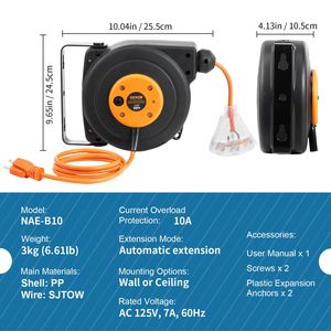 Avvolgicavo Elettrico Retrattile Rinforzato da 9 Metri, Cavo di Alimentazione 16AWG/3C SJTOW con Presa Tripla Illuminata e Interruttore Automatico da 10 Ampere - Product Image 2