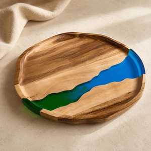 2026 Luxury Aurora River <b>Epoxy</b> Resin & Solid Acacia Wood Serving Tray with Premium Gold Metal Handles for Modern Home Décor - Product Image 6