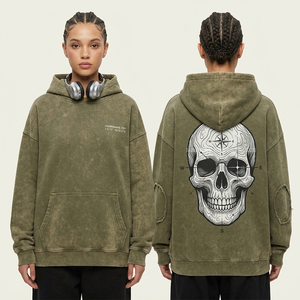 Sweat à capuche professionnel 400 GSM vert sauge délavé, imprimé topographique avec motif boussole, crâne et carte, avec empiècement aux coudes, pour femme, coupe oversize, style sport - Product Image 1