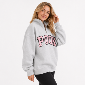 Sweat-shirt gris pour femme à col zippé, avec lettrage Gingham rose, pull en molleton surdimensionné, logo sur le devant - Product Image 3