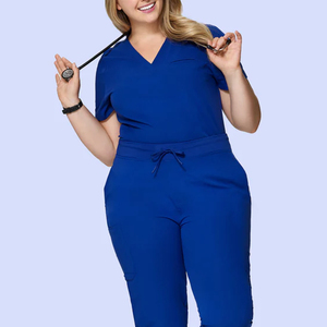 Ensemble de blouses médicales bleu roi pour femmes, col en V, manches courtes, tricot polyester-coton, pantalon d'uniforme d'hôpital, tenue de travail confortable pour infirmières - Product Image 2