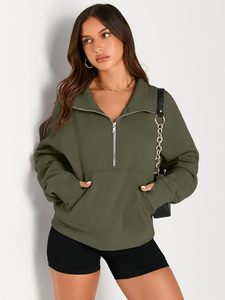 Sudadera Corta Verde Oliva para Mujer con Cierre de Cremallera 1/4, Ajuste Oversize, Manga Larga, con Bolsillo Canguro y Cuello - Product Image 1