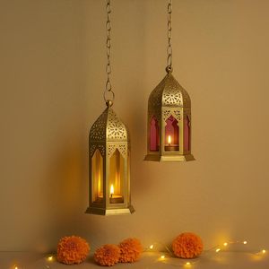 Ensemble de 2 lanternes décoratives en métal avec panneaux en verre coloré, lanternes à bougies vintage pour la décoration de la maison, centre de table de mariage - Product Image 2