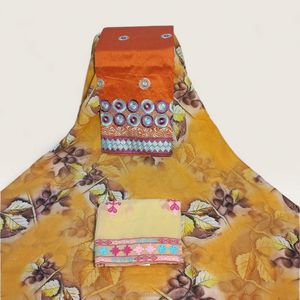 Tela Estampada Floral Dirac Suiza de Lujo en Color Naranja con Panel Bordado Multicolor para Vestidos de Fiesta Somalíes - Product Image 3