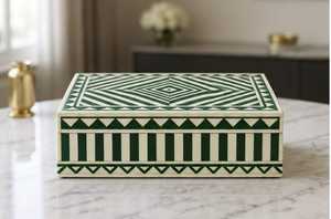 Velmora Artisan Bone Inlay Jewelry Box Premium Handmade Wooden Storage <b>Organizer</b> with Contemporary Black & White Geometric - Product Image 4