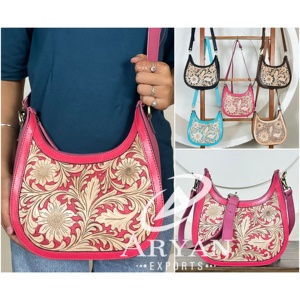 Bolso de Hombro de Cuero Hecho a Mano con Diseño Floral Grabado para Mujer, Estilo Vaquero, Bandolera de Cuero Genuino - Product Image 1