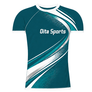 Camiseta Deportiva de Compresión de Manga Corta Color Verde Azulado Oscuro y Blanco con Cuello Redondo y Gráfico de Olas para Entrenamiento Deportivo - Product Image 1