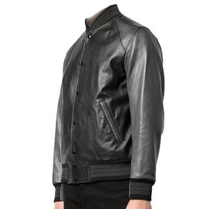 Blouson aviateur en cuir véritable noir pour homme, col montant, fermeture boutonnée, manches classiques, couleur unie, vêtement d'automne - Product Image 4