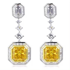 Pendientes de Aro Art Deco de Lujo, Joyería Plateada, Circonita Cúbica Amarilla Ganso, Chapado en Oro y Rodio, Joyería Fina para Regalo - Product Image 1