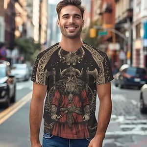 Camiseta de Manga Corta con Cuello Redondo y Estampado Gráfico de Guerrero Vikingo para Hombre, Corte Holgado, Estilo Casual, 100% Poliéster, Tejido de Punto - Product Image 3