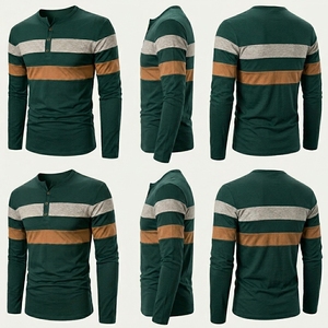 Mens Dark Green Henley Shirt Long Sleeve Color Block T Shirts Fashion Striped Cut Sew Cotton Knit Casual Pullover Tee Shirts - Product Image 4