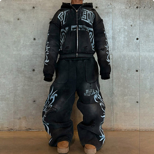 Custom Washed Sweat Suit Zipper Hoodies Tracksuit Set Printing Acid Wash Flared Sweatpants and Hoodie Set - Product Image 3