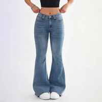 Pantalon cargo en jean taille haute pour femme, coupe ample, longueur intégrale, délavage moyen, couleur unie, style décontracté, 100 % coton, idéal pour l'automne