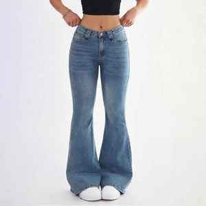 Women's High Waist Cargo <b>Denim</b> Pants Loose Fit Full Length Medium Wash Solid Color Casual Style 100% Cotton Autumn Wear - Product Image 3