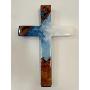 ไม้กางเขนติดผนังทำมือระดับพรีเมียม พร้อมเรซิ่นอีพ็อกซี่สีน้ำเงินกรมท่า ของตกแต่งทางศาสนาคริสต์ ของขวัญงานฝีมือสำหรับบ้านและโบสถ์ - Product Image 4