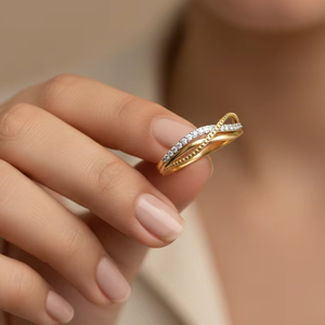 แหวนแต่งงานทองคำแท้แบบไขว้ 2 แถว ประดับเพชรสำหรับผู้หญิง ดีไซน์อินฟินิตี้ เหมาะเป็นของขวัญหมั้น - Product Image 1