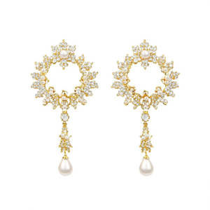 Pendientes Clásicos Dorados Tipo Huggie con Circonita y Perla, Diseño de Flor de Moda, Colgantes para Fiestas - 11058829GL - Product Image 2