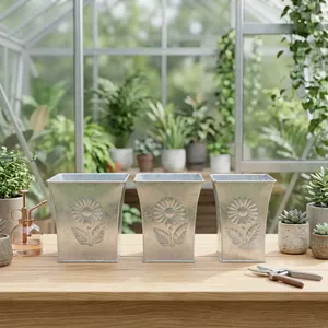 Pots à fleurs carrés en métal galvanisé, design écologique, côtelés, pour jardin extérieur, motif marguerite, pour fleurs, vert - Product Image 4