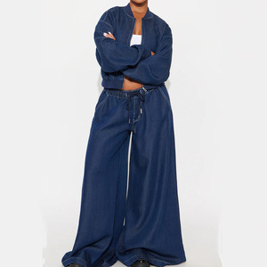 <b>Women</b> Denim Tracksuit Set Full Length Wide Leg Pants Cropped <b>Jacket</b> Zipper Closure Solid Blue Casual Wear Spring Style - Product Image 1