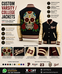 Chaqueta Varsity Personalizada XPERT con Bordado, para Hombre, Mezcla de Lana, Mangas de Cuero, Diseño de Calavera, Cuello Camisero, Estilo Preppy - Product Image 1