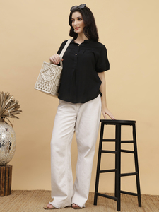 Blusa de Manga Corta con Cuello Mandarín para Mujer, Color Negro, Corte Holgado, Informal, de Popelina, con Botones - Product Image 3